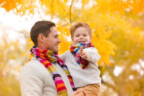 父親の腕の中の小さな男の子 秋の黄色の森の中を歩く 暖かい服やカラフルなスカーフで家族 — ストック写真