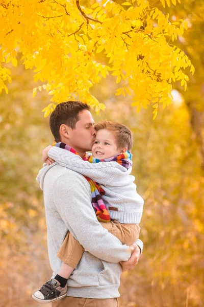 一个小男孩在他父亲的怀里 走在秋天的黄色森林里 穿着温暖衣服和五颜六色围巾的家庭 — 图库照片