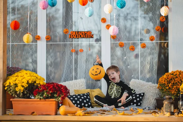 Beautiful Child Skeleton Costume Posing Paper Lantern Form Pumpkin Decorations — Stock Photo, Image