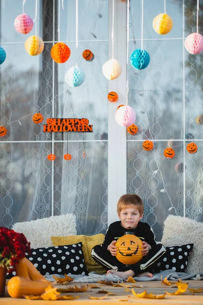 Beautiful Child Skeleton Costume Posing Paper Lantern Form Pumpkin Decorations — Stock Photo, Image