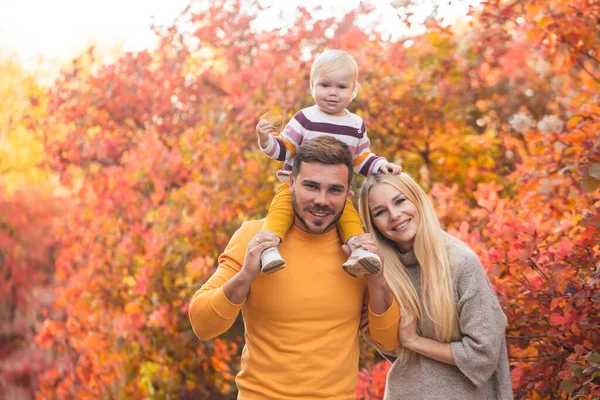 Ein Ehepaar Und Seine Kleine Tochter Gehen Herbstlichen Wald Spazieren — Stockfoto