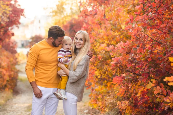 Married Couple Little Daughter Walking Autumn Forest People Wearing White — Stock Photo, Image