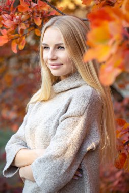 Sonbahar ormanında kısa kollu, örgülü, moda süveter giyen uzun saçlı sarışın. Sağlıklı saçlar ve cilt. Sağlığınıza dikkat edin.