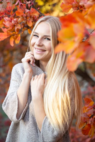 Rubia Pelo Largo Suéter Punto Moda Con Mangas Cortas Posando —  Fotos de Stock