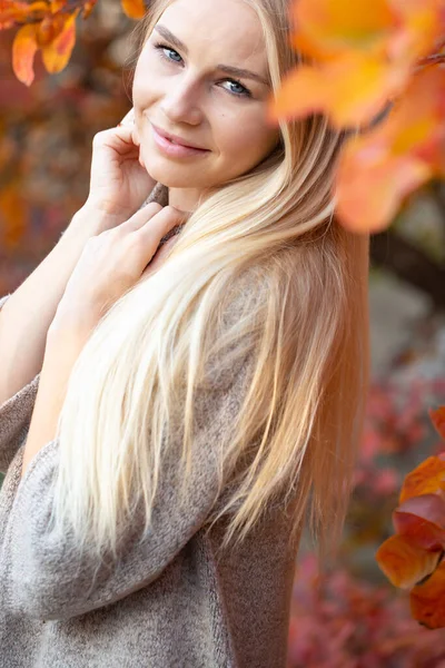 Blonde Aux Cheveux Longs Dans Pull Tricoté Mode Avec Des — Photo