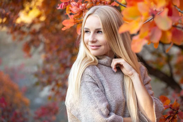 Dlouhovlasá Blondýna Pleteném Módním Svetru Krátkými Rukávy Pózující Podzimním Lese — Stock fotografie