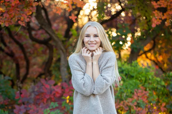 Długowłosa Blondynka Modnym Swetrze Krótkimi Rękawami Pozująca Jesiennym Lesie Zdrowe — Zdjęcie stockowe
