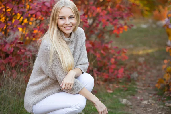 Dlouhovlasá Blondýna Pleteném Módním Svetru Krátkými Rukávy Pózující Podzimním Lese — Stock fotografie