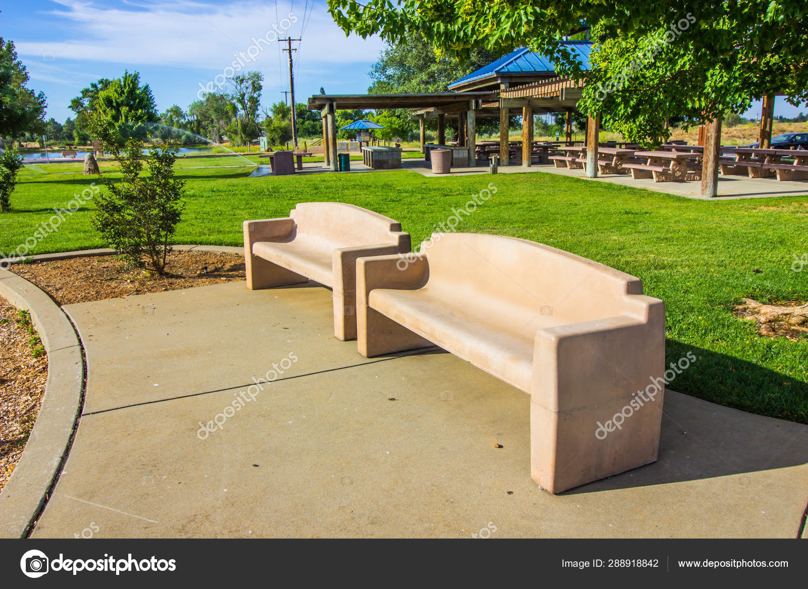 Two Concrete Benches In Local Park Stock Photo C Weezybob5