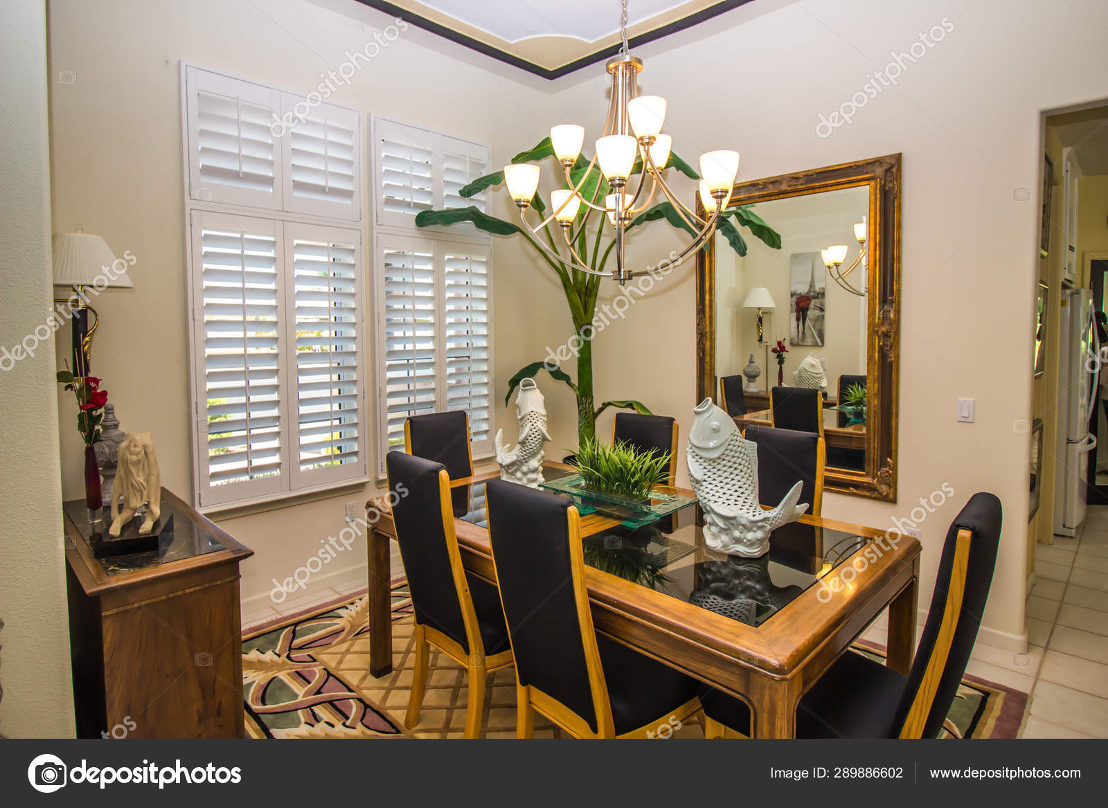 Modern Dining Room With Wood Glass Table Six High Back Chairs Stock Photo By Weezybob5 289886602 Modern Dining Room With Wood Glass, How High Should Mirror Be In Dining Room