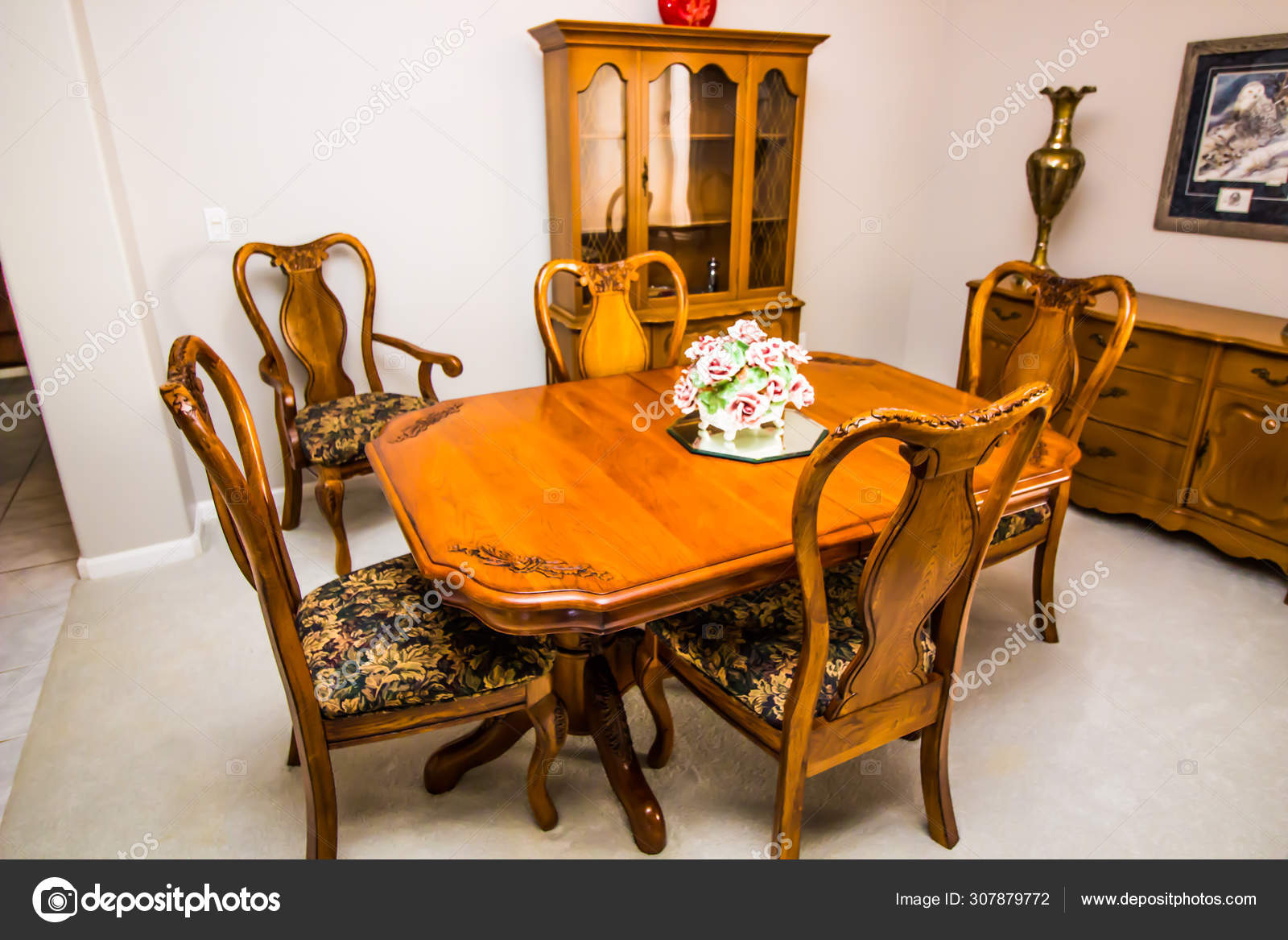 dining room wooden table chairs and buffet cabinet 307879772