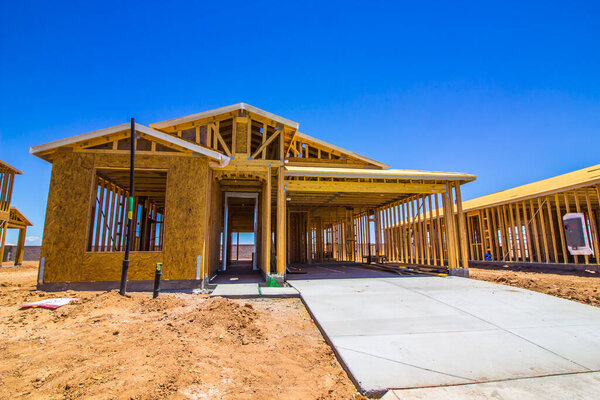 One Level Home Under Construction In Framing Stage
