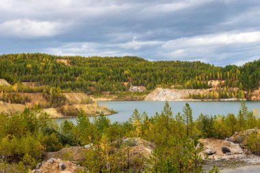 Göl kenarındaki renkli orman ile sonbahar manzara. Güzel sonbahar ağaçlar Orman Gölü çevresinde. Hiking kavramı.
