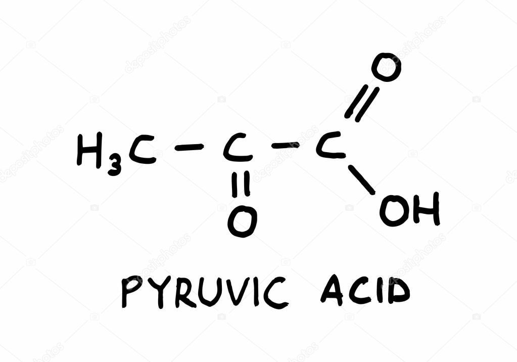 Illustration of the structural formula of the substance Pyruvic Acid. Hand drawn style illustration.