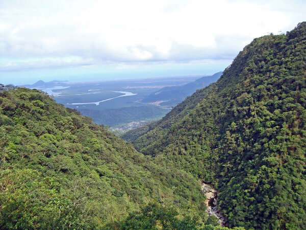 View of the mountain range covered by Atlantic forest near the coast of the Sao Paulo State, Brazil