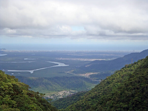 View of the mountain range covered by Atlantic forest near the coast of the Sao Paulo State, Brazil