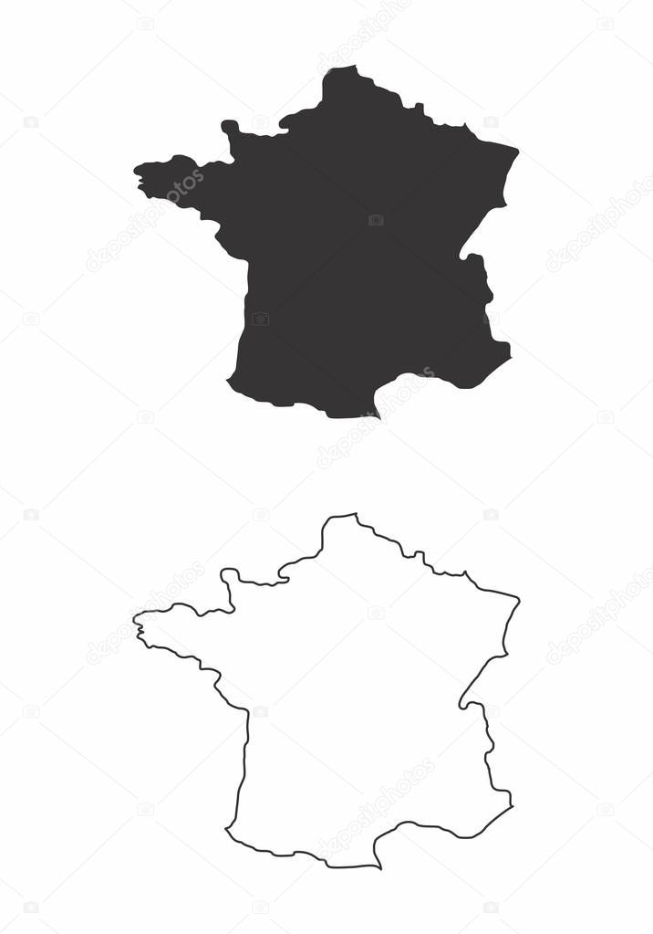Simplified maps of France. Black and white outlines.