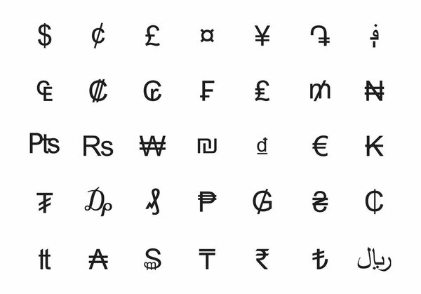 A set of currency symbols on white background