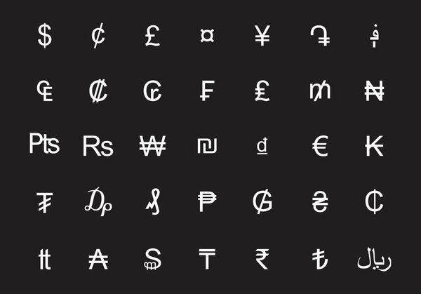 A set of currency symbols on dark background