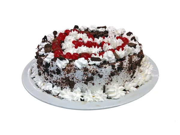Торт Увенчанный Шоколадом Вишней Белом Фоне — стоковое фото