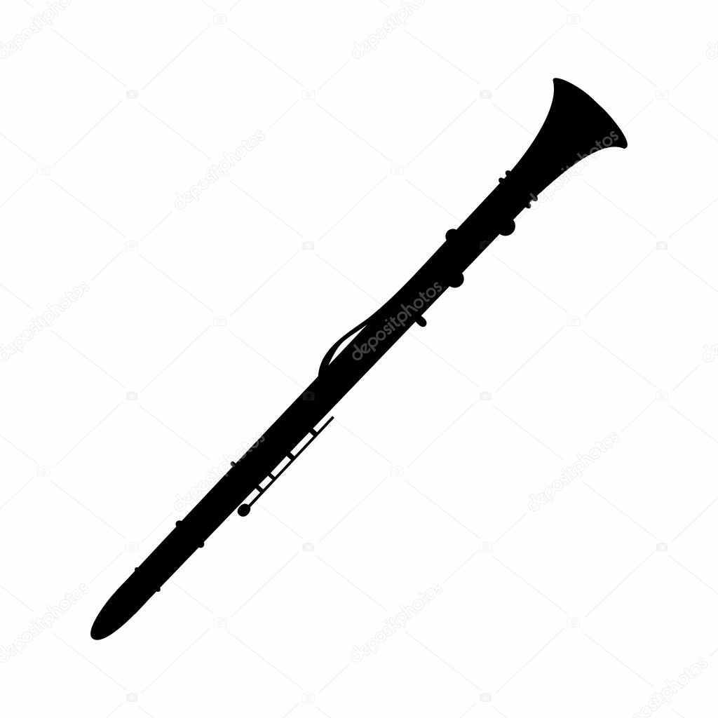 Dark silhouette of a clarinet isolated on white background