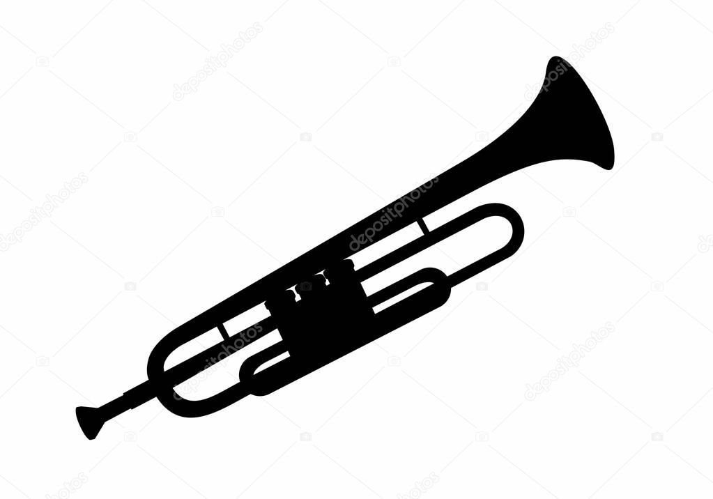 Dark silhouette of a trumpet isolated on white background