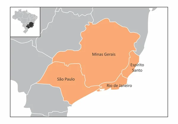 Délkeleti Régió Brazília Azonosított Államokkal Térképe — Stock Vector