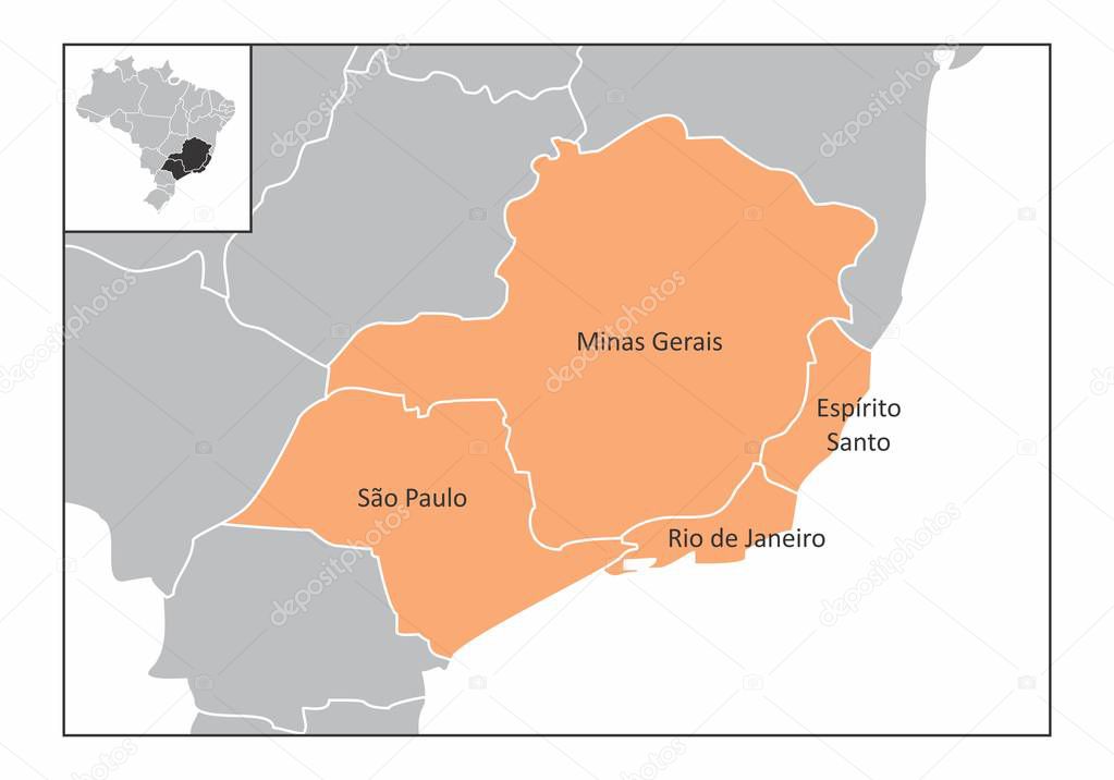 Map of the southeast region of Brazil with the identified states
