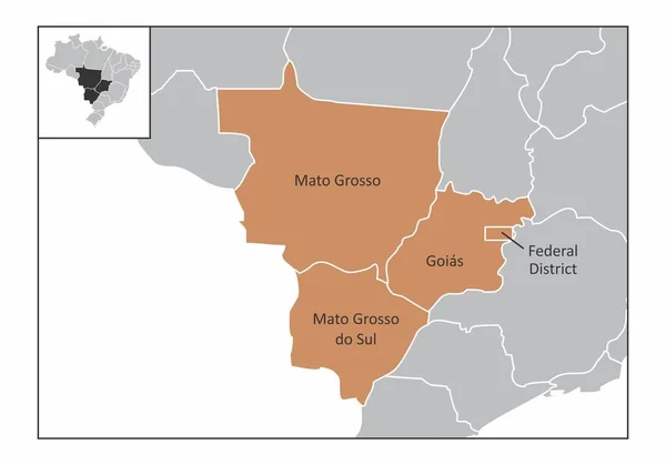 Brezilya Merkezi Batı Bölgesi Tespit Devletlerle Haritası — Stok Vektör