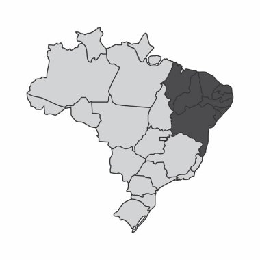Illustration of a map of Brazil with the northeast region highlighted clipart
