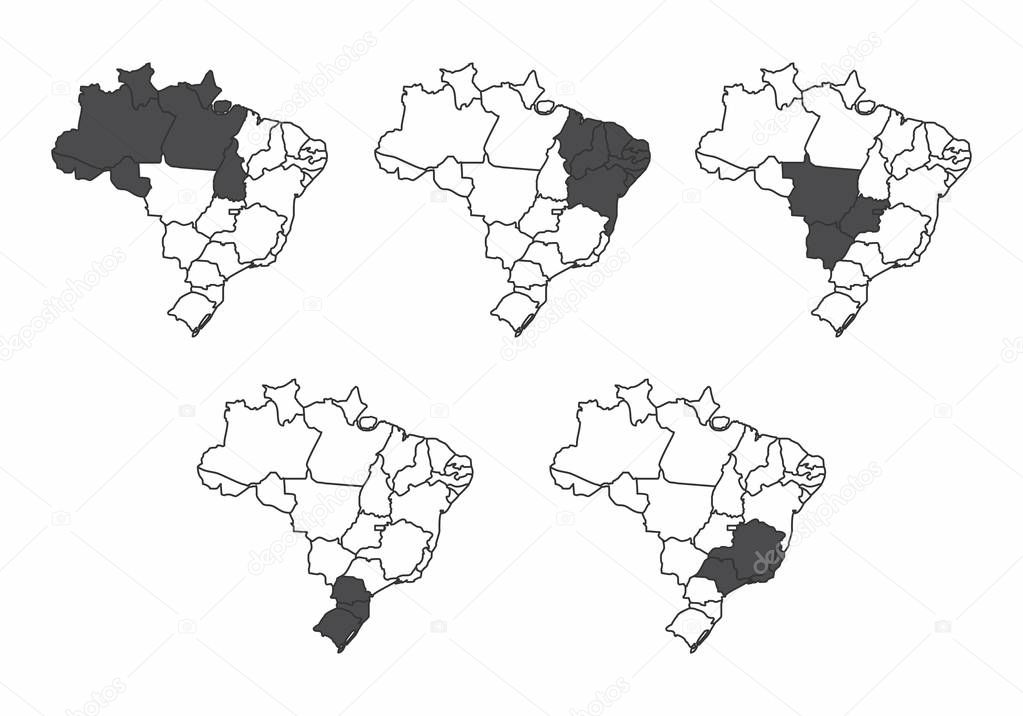 A set of Brazil maps with all the main five regions highlighted