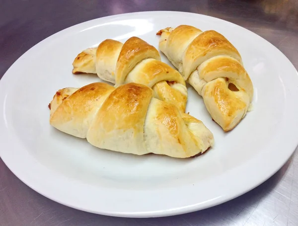 Three Stuffed Croissants White Plate — Stock Photo, Image