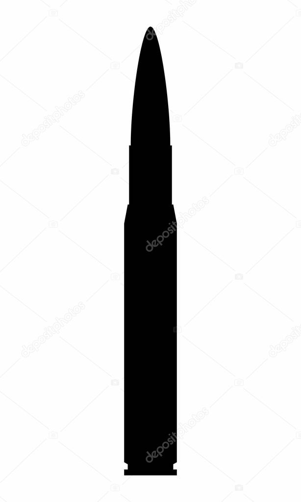 The dark silhouette of a bullet on white background