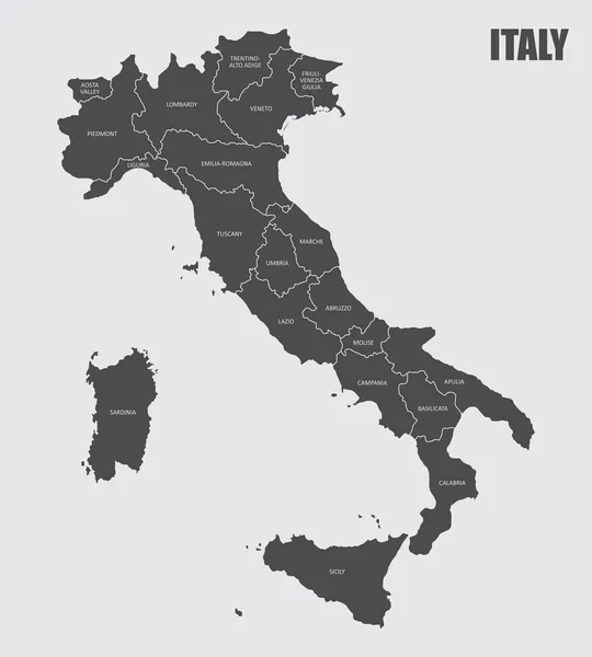 Mapa Gris Las Regiones Italia Con Etiquetas — Vector de stock