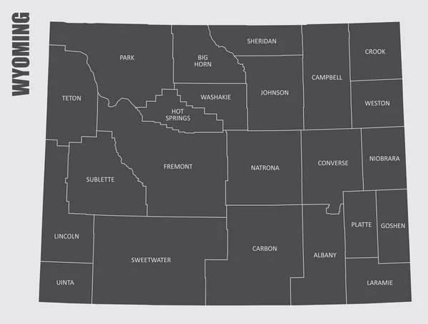 Wyoming Eyaleti Nin Ilçeleri Etiketleriyle Birlikte Gri Haritası — Stok Vektör