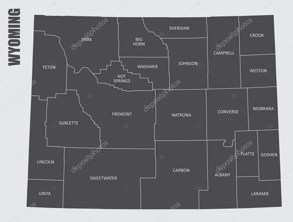 The gray map of Wyoming State with counties and its labels