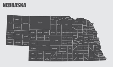 The Nebraska State County Map with labels clipart