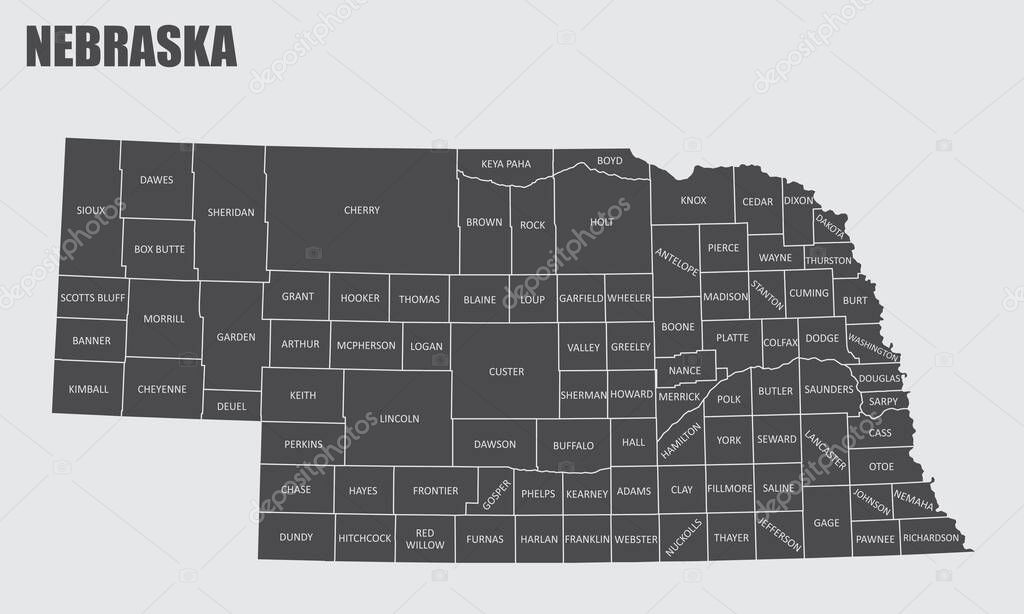 The Nebraska State County Map with labels