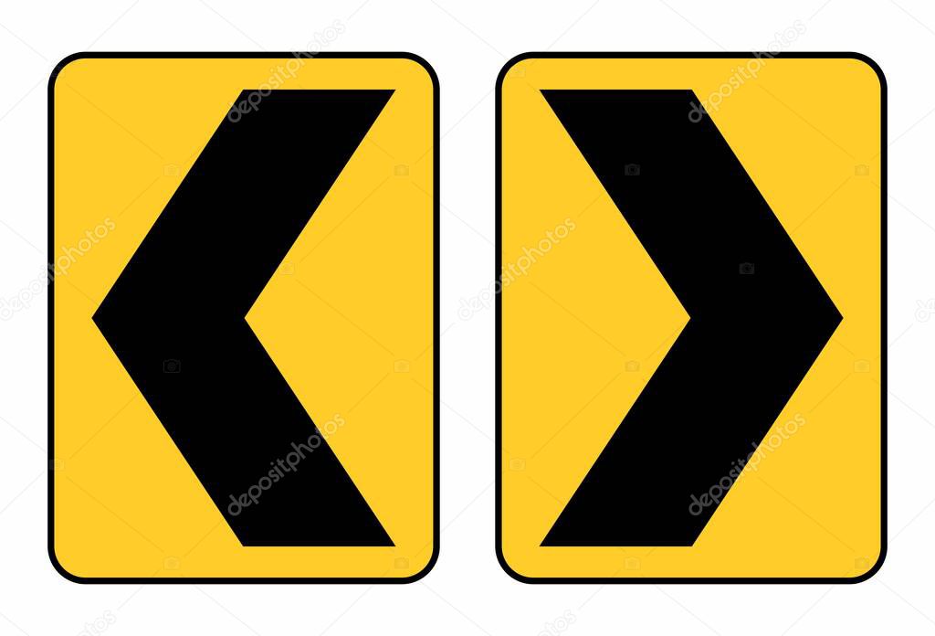 Left and right Chevron traffic signs on white background