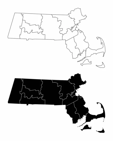 Preto Branco Massachusetts State County Maps —  Vetores de Stock