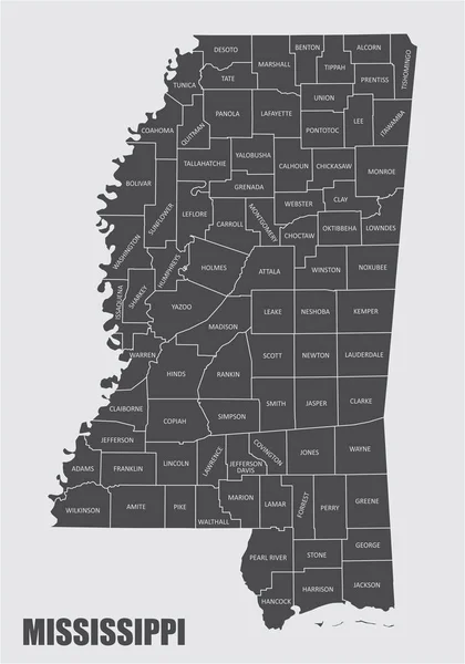 标有标签的密西西比州县地图 — 图库矢量图片
