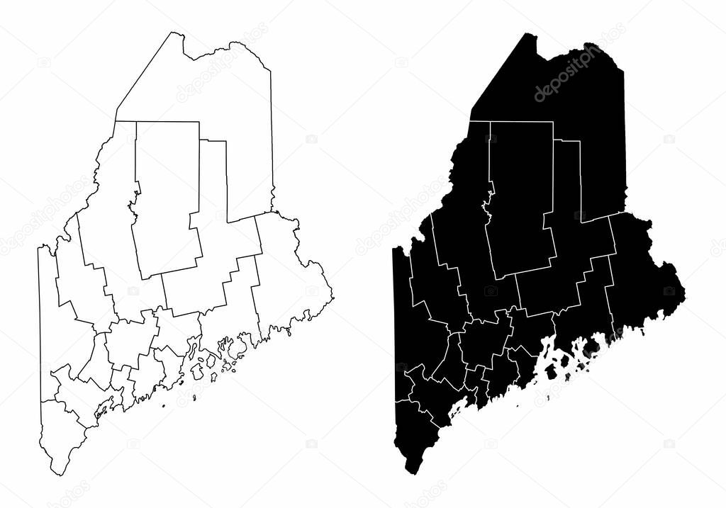 The black and white Maine State County Maps