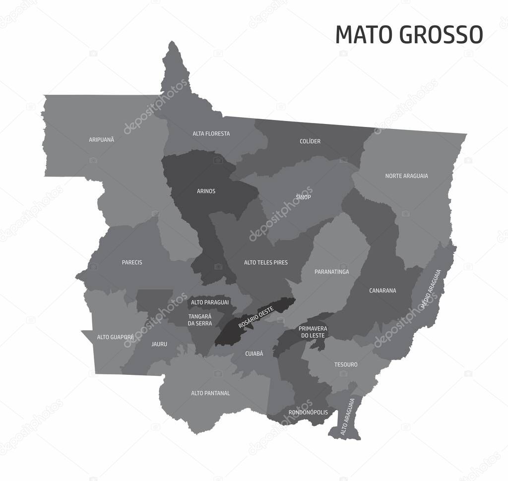 The Mato Grosso State regions map with labels on white background, Brazil