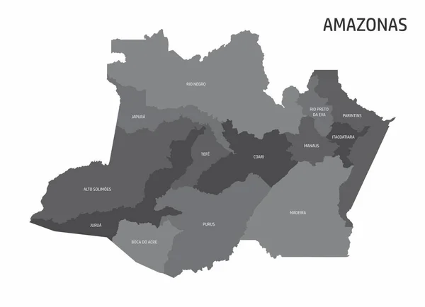 Mapa Las Regiones Del Estado Amazonas Con Etiquetas Sobre Fondo — Vector de stock