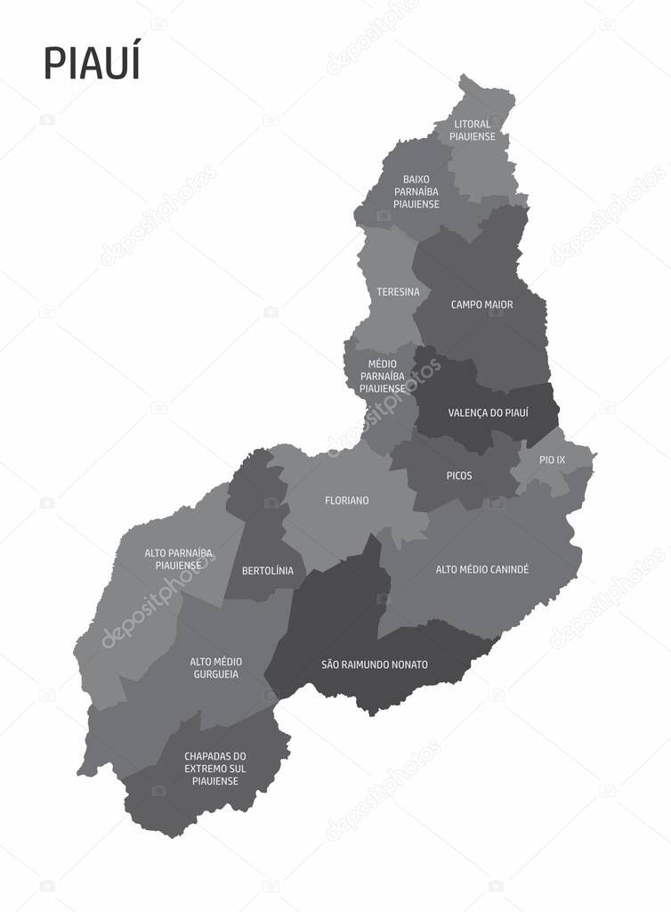 The Piaui State regions map with labels on white background, Brazil