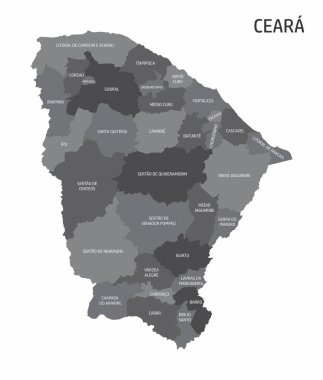 Ceara State bölgelerinin haritasında beyaz arka planda etiketler, Brezilya
