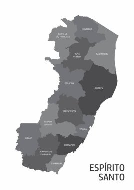 Espirito Santo Eyaleti bölgelerinin haritasında beyaz arkaplanda etiketler, Brezilya
