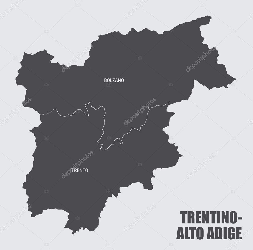 The Trentino-Alto Adige region map divided in provinces with labels, Italy