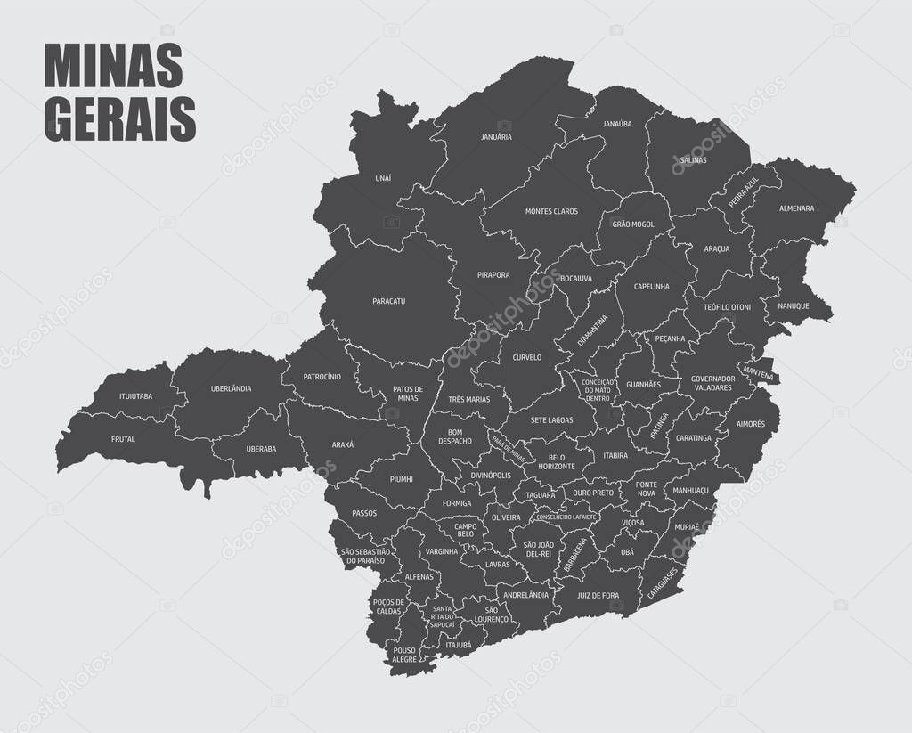 The Minas Gerais State map divided in regions with labels, Brazil
