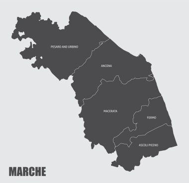 The Marche region map divided in provinces with labels, Italy clipart
